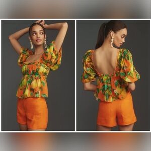 NWT Farm Rio x Anthropologie Orange Chic Pears Short-Sleeve Puff-Sleeve Blouse